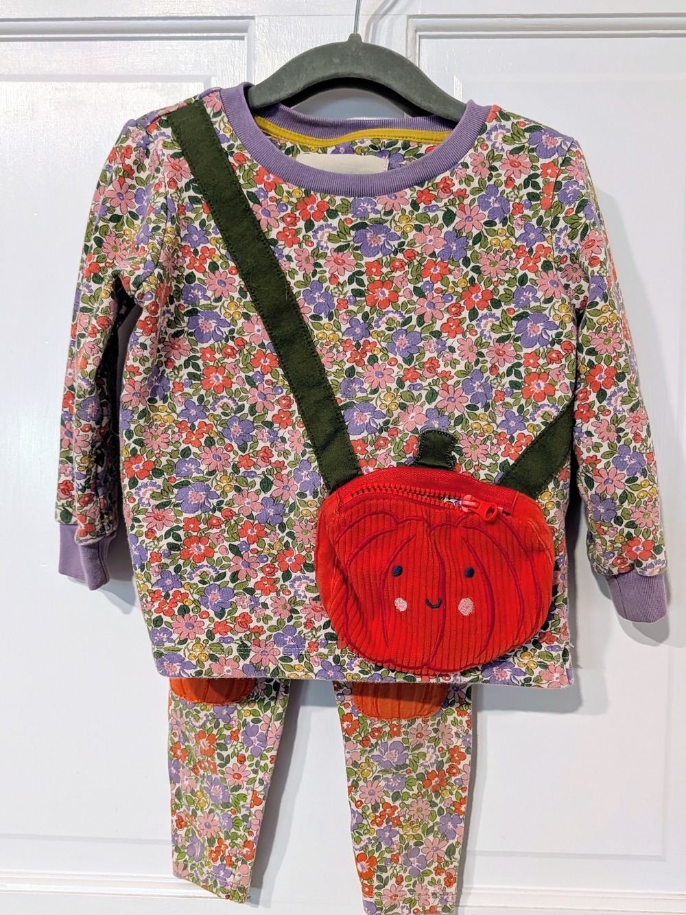 Mini Boden Floral Pumpkin Crossbody Outfit Set - Purple, Orange & Green